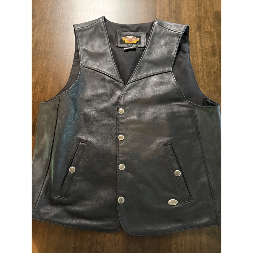 Vintage 1990s Harley Davidson Mens Black Leather Biker Vest Made in USA Large
